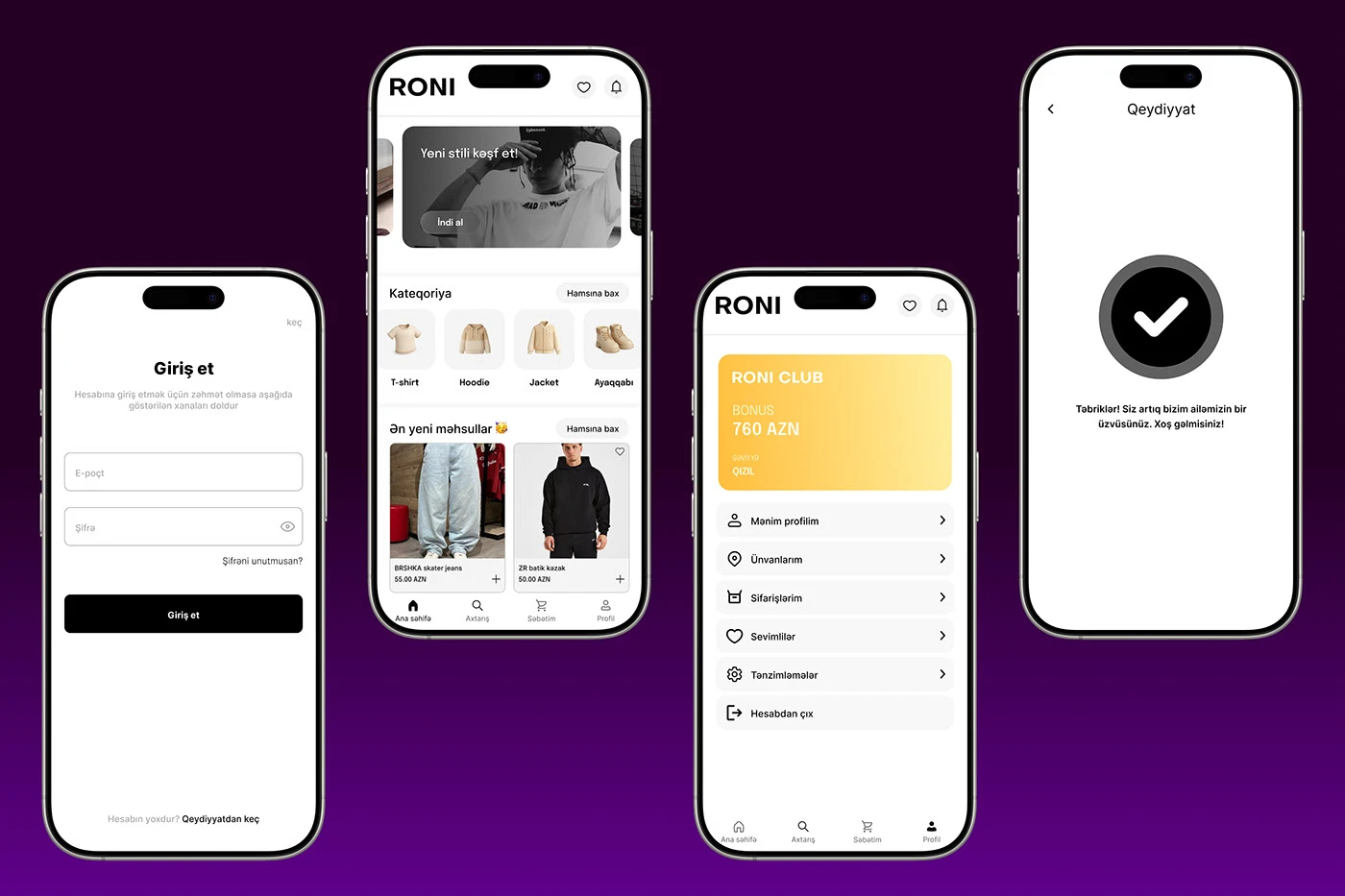 Roni iOS App Screens – Login, Home, Profile, Registration