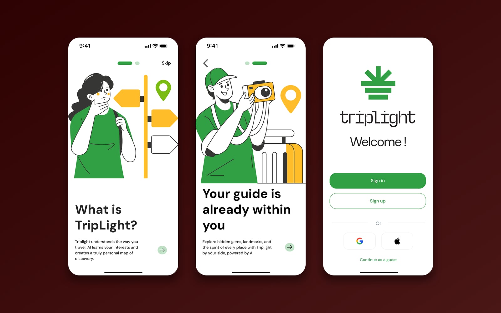 TripLight — app screens